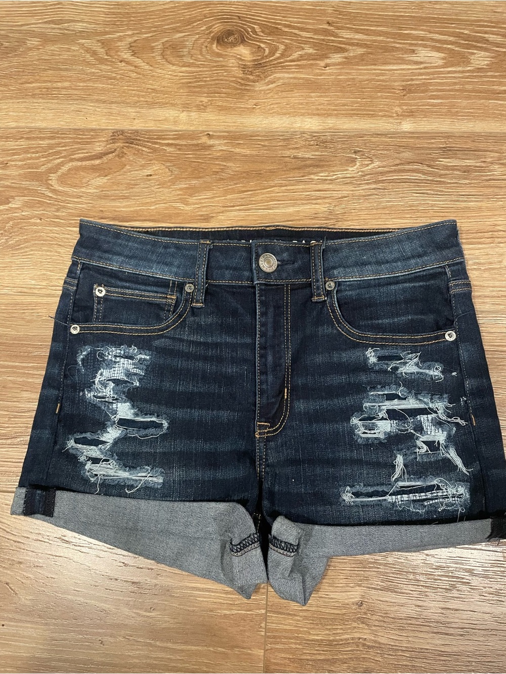 American Eagle Outfitters Dark Blue Distressed Rolled-Hem Denim Shorts